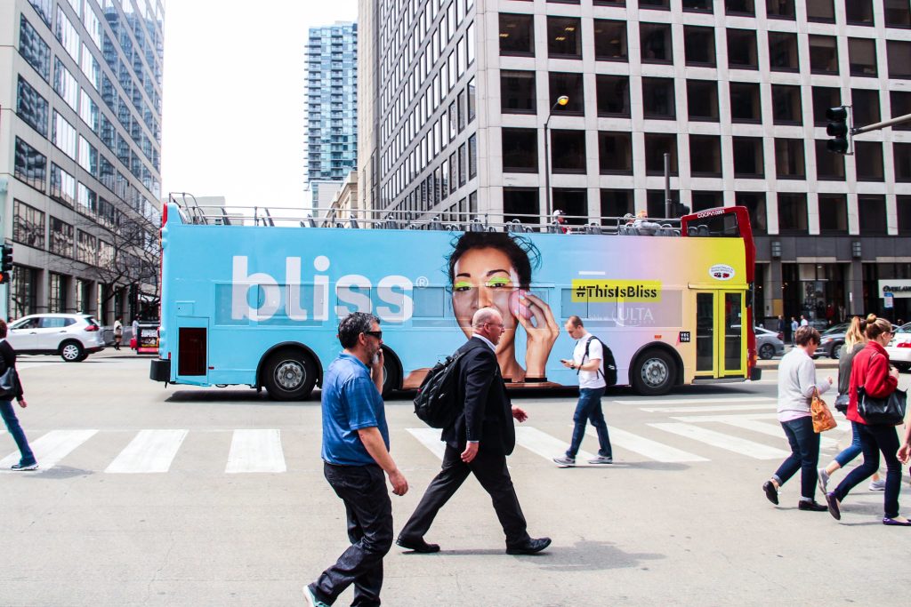 Chicago Double Decker Tour Bus advertising michigan avenue magnificent mile ads bus wrap
